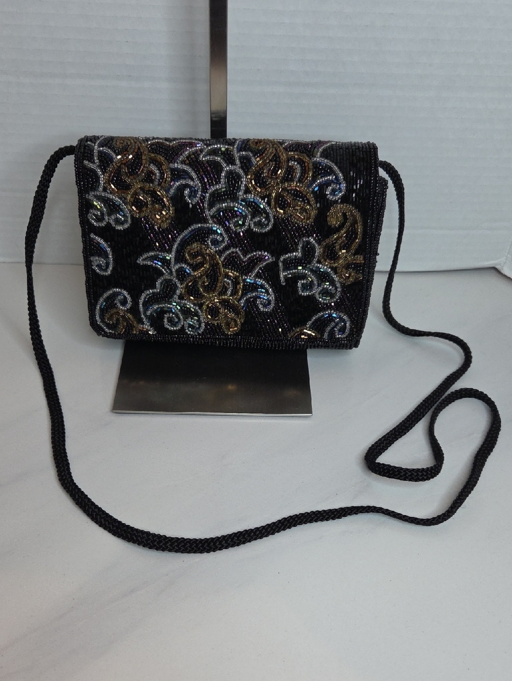 Beaded Black Evening Crossbody Bag with Metallic Accents
